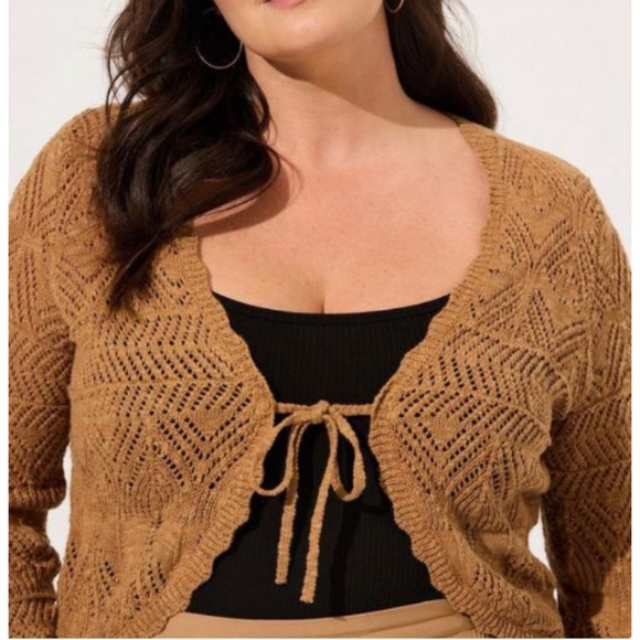 🆕 Pointelle Tie Front Shrug Sweater 2 2X 18 20 NWT Torrid New! Tobacco Brown - Picture 3 of 6